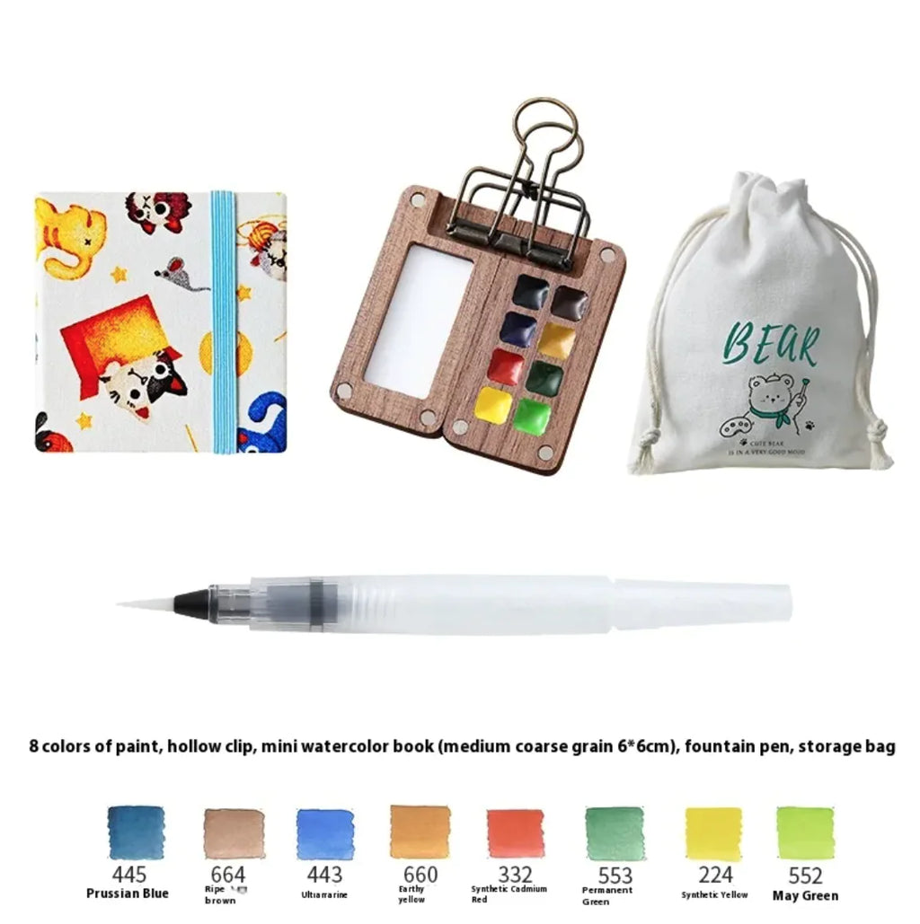 Portable Mini Walnut Watercolor Set with 8 Colors for Sketching & Journaling